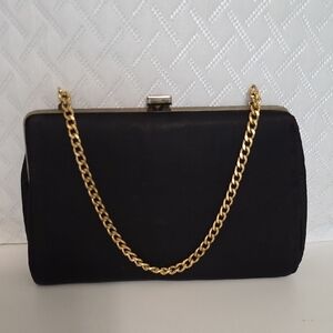 Elegant Vintage Black Satin Clutch with Gold Chain